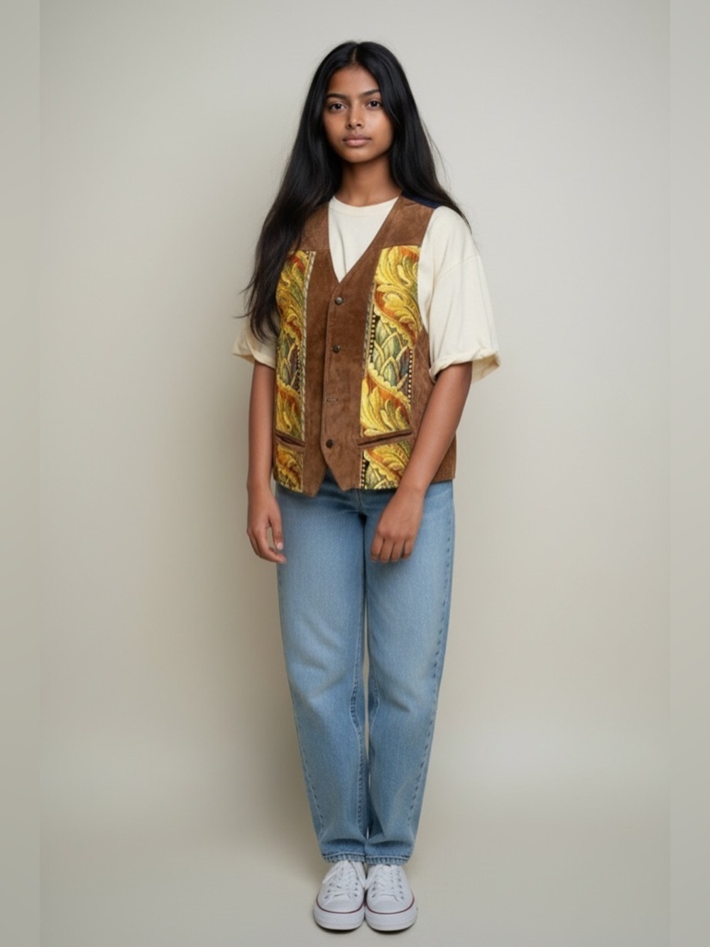 Vintage Suede and Tapestry button down vest approx size large